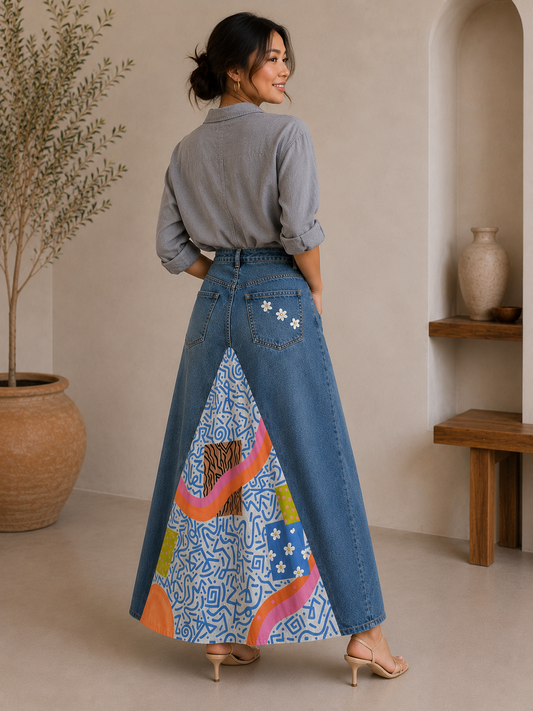 ABSTRACT ART DENIM MAXI SKIRT