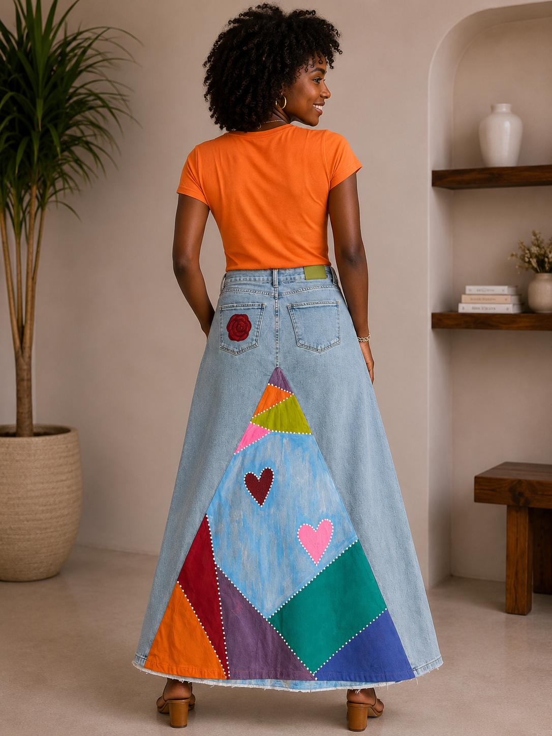 ORANGE GARDEN DENIM MAXI SKIRT