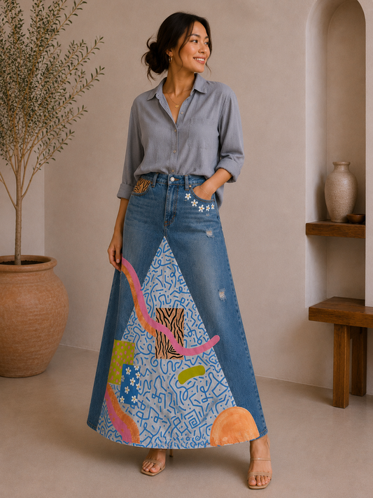 ABSTRACT ART DENIM MAXI SKIRT