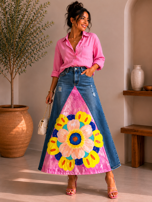 PINK FLORAL DENIM MAXI SKIRT
