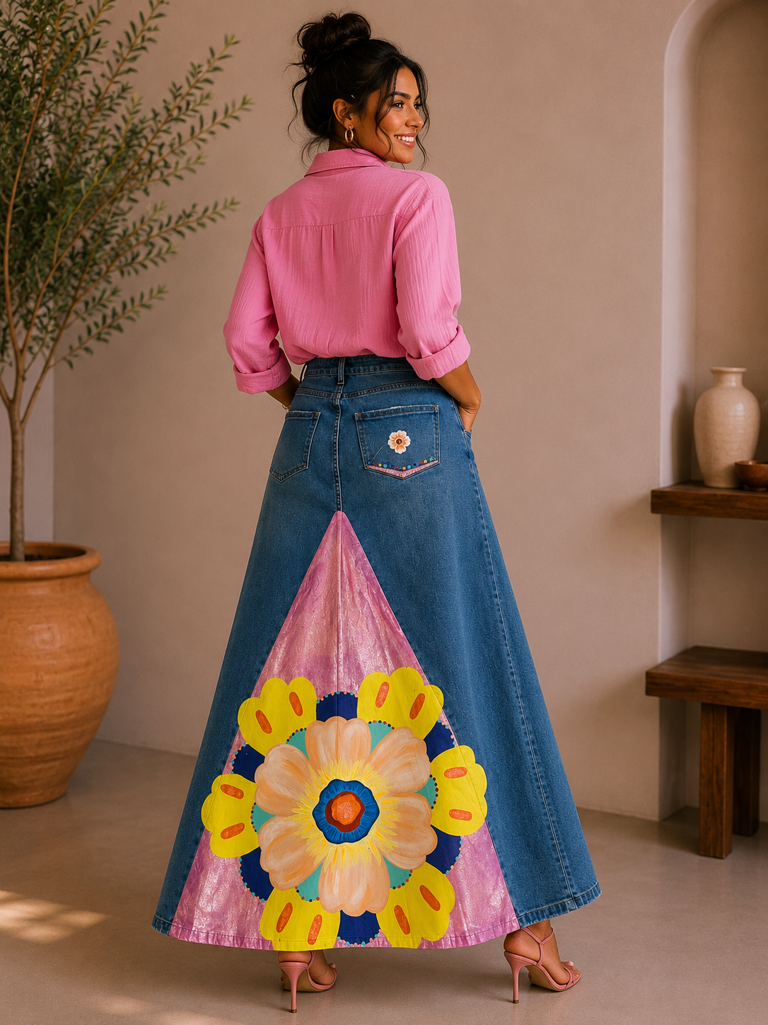 PINK FLORAL DENIM MAXI SKIRT