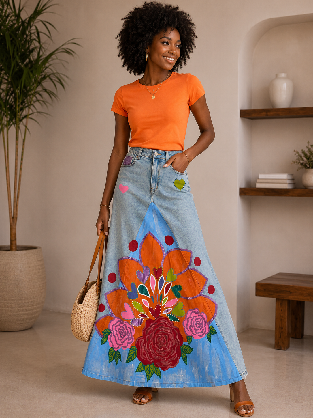 ORANGE GARDEN DENIM MAXI SKIRT