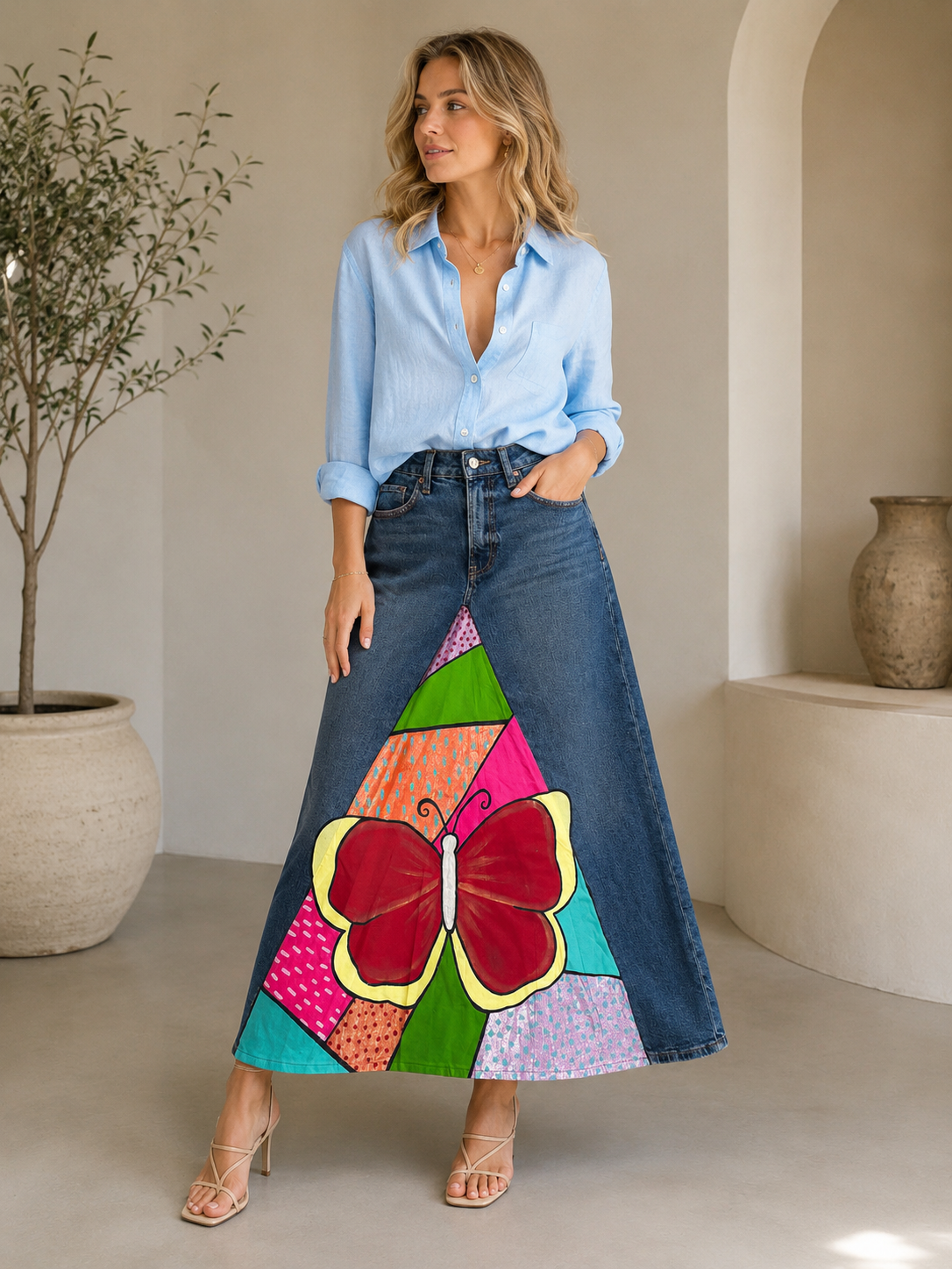 BUTTERFLY DENIM MAXI SKIRT